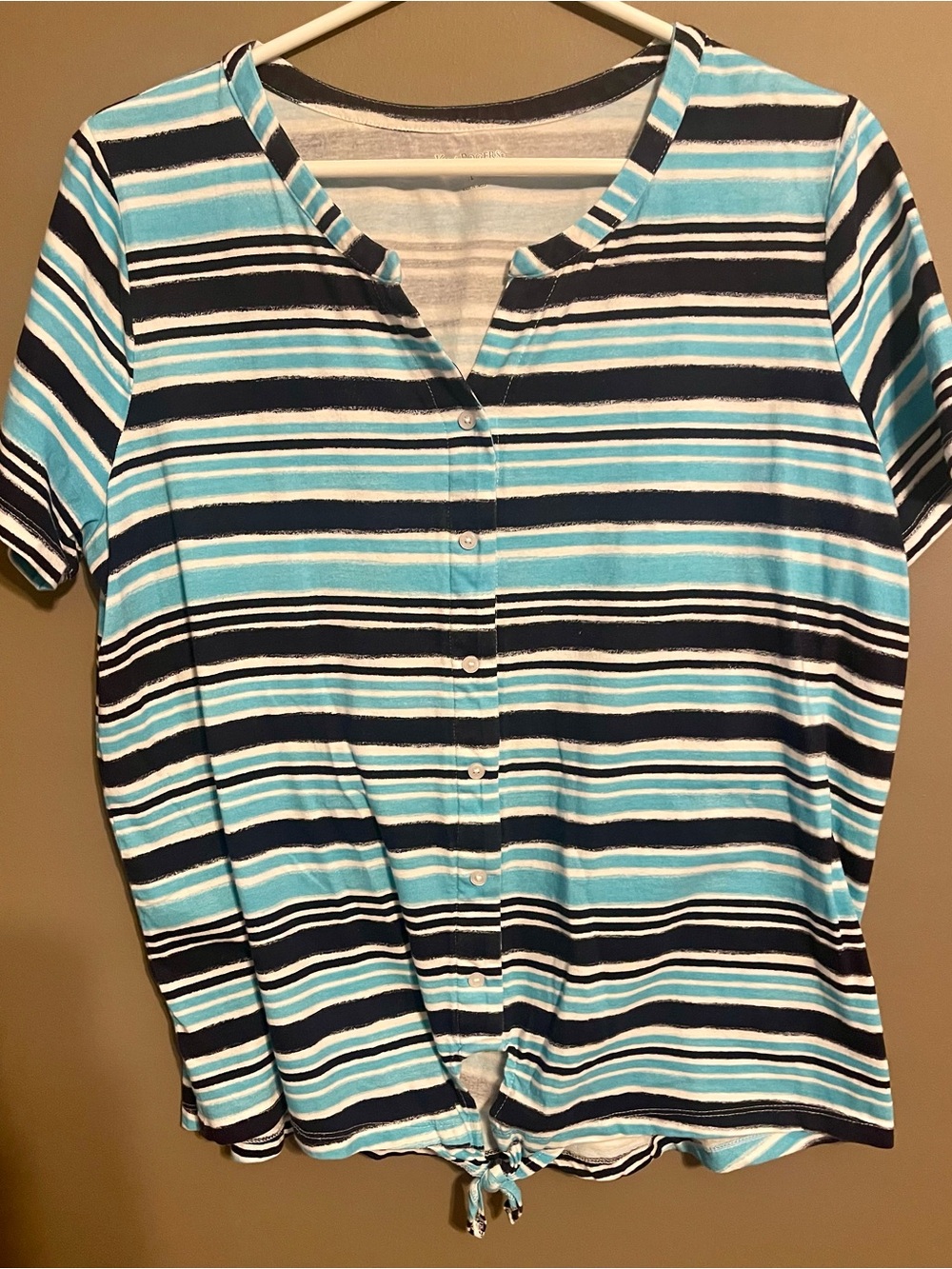 Kim Rogers Blue, White & Navy Striped Button-Front Tie-Hem Top